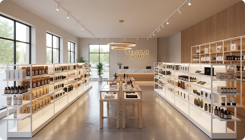 Modern retail store interior with white open shelving units displaying skincare and wellness products along both walls