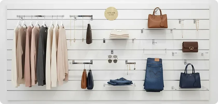 White slatwall panel displaying hanging clothing, handbags, folded jeans, and accessories in a boutique retail setting
