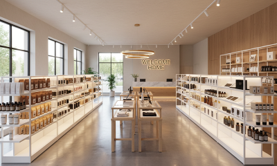 Modern retail store interior with white open shelving units displaying skincare and wellness products along both walls